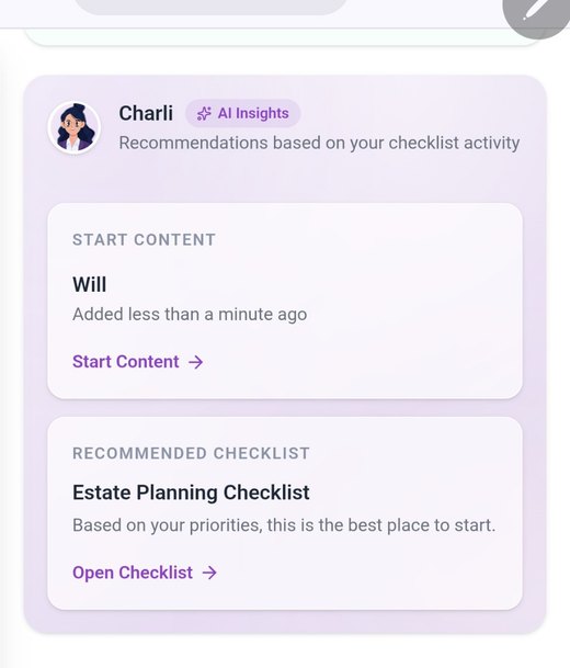 Evaheld Charli AI insights recommending Will content and the Estate Planning Checklist