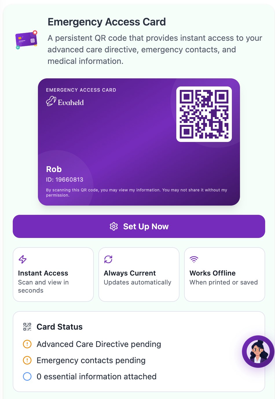 Evaheld QR Emergency Card setup screen for selected emergency information