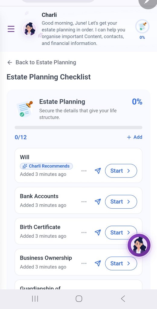 Evaheld Estate Planning Checklist in the dashboard with twelve guided estate organisation tasks