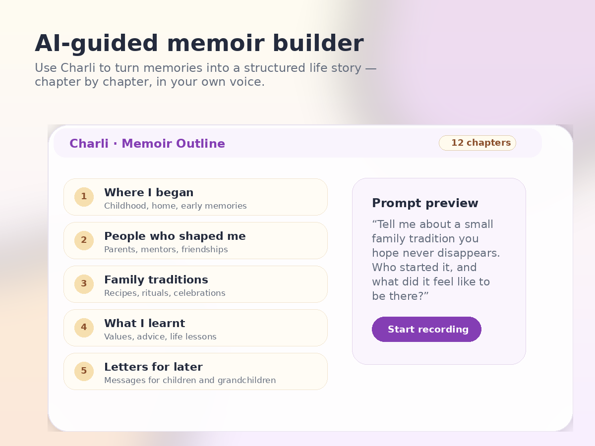 Evaheld AI-guided memoir builder concept with chapter prompts and memory cards