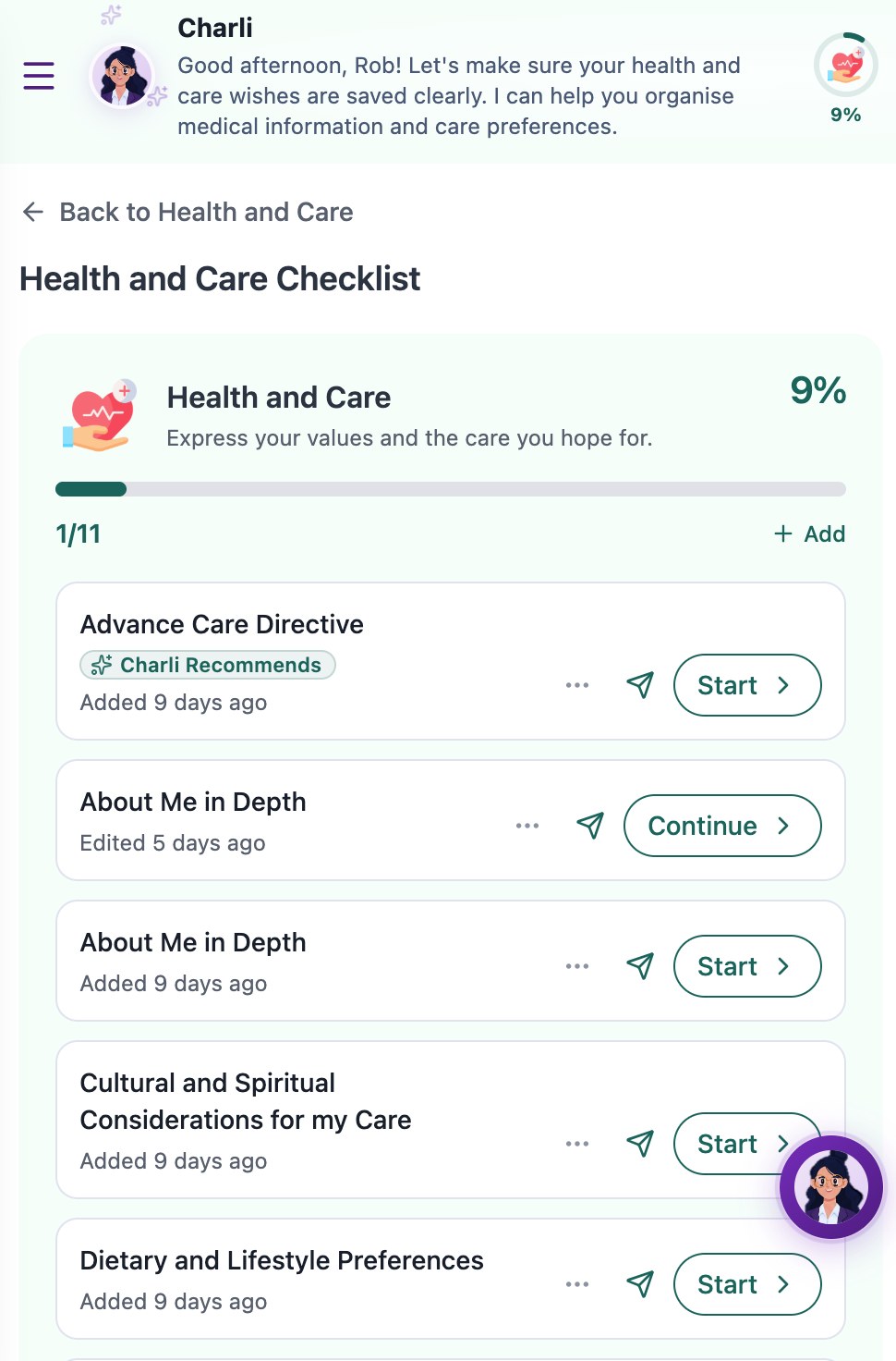 Evaheld Health & Care Checklist dashboard on mobile