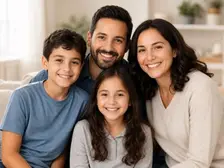 Smiling family using Evaheld