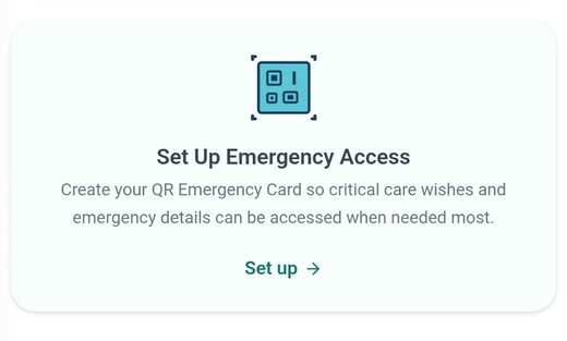 Evaheld dashboard card for setting up QR Emergency Access so critical care wishes and emergency details can be accessed when needed