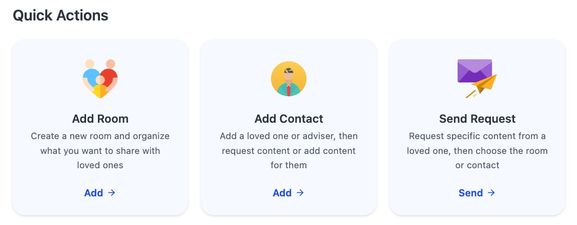 Evaheld Rooms dashboard showing add contact and request options for trusted care coordination