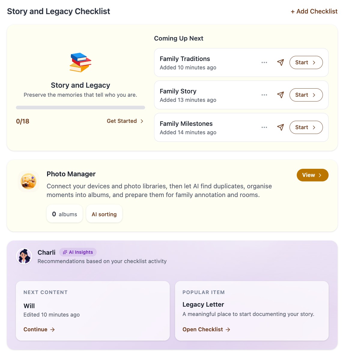 Evaheld Story and Legacy Checklist dashboard with Photo Manager and Charli recommendations