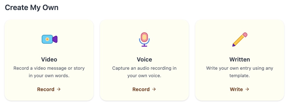 Evaheld dashboard showing video voice and written story creation modes