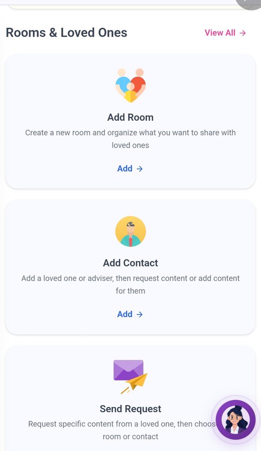 Evaheld dashboard showing Rooms and Loved Ones with add room, add contact and send request options