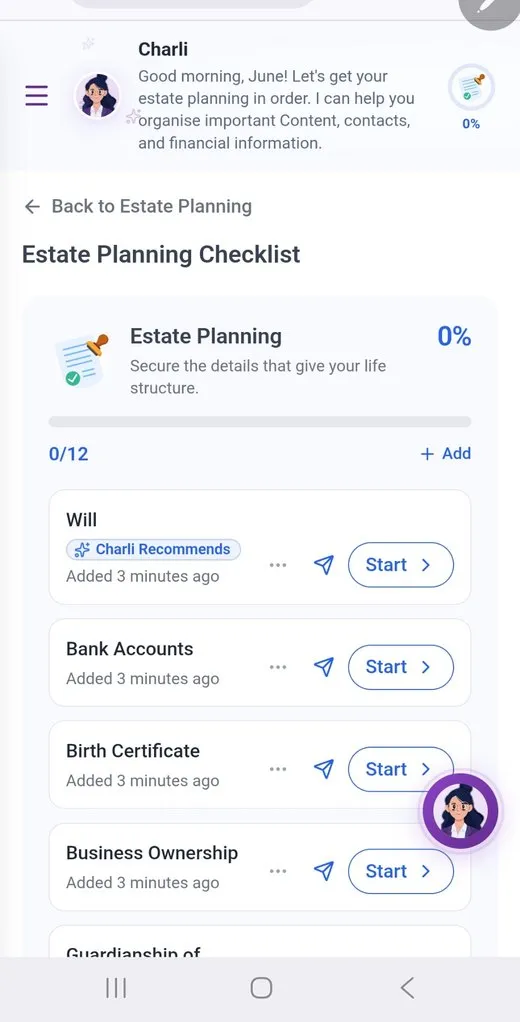 Evaheld Estate Planning Checklist in the dashboard with guided estate organisation tasks