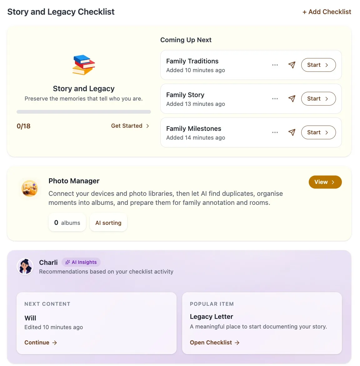 Story and Legacy Checklist in the Evaheld dashboard with family traditions, family story, family milestones, photo manager and Charli AI insights