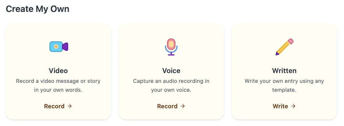 Evaheld dashboard showing create my own options for video, voice and written stories