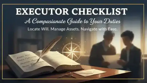 Evaheld Executor checklist by Evaheld - image of book, feather quill pen writing and a compass featured image for essentials-legal-letter-of-wishes-examples
